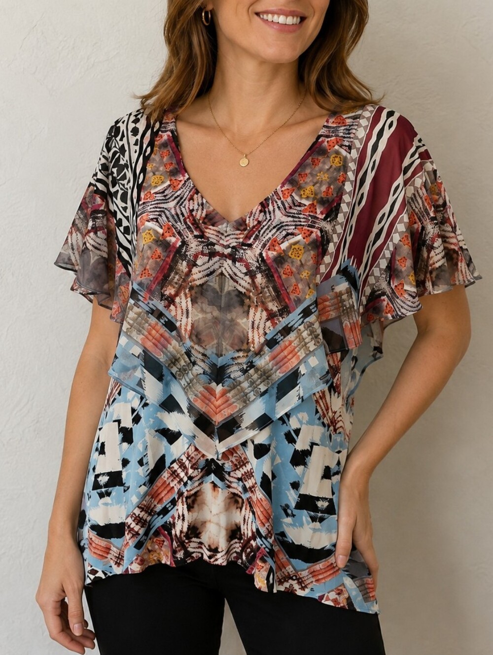 Vtg V CRISTINA 1990s Multicolor Geometric Chiffon Ruffle Tunic